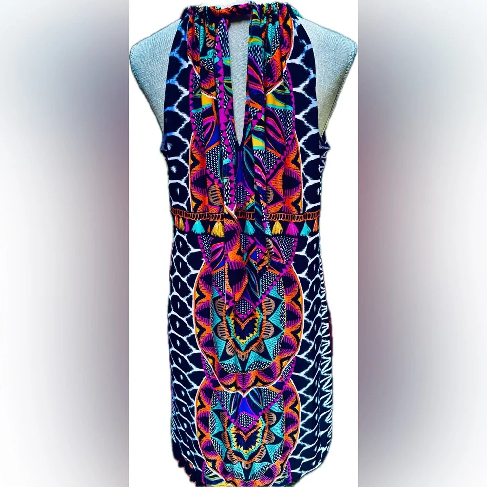 TRINA TURK  Abstract Halter Dress- Size M - Great Colors -Fringe around bottom- - Picture 2 of 6